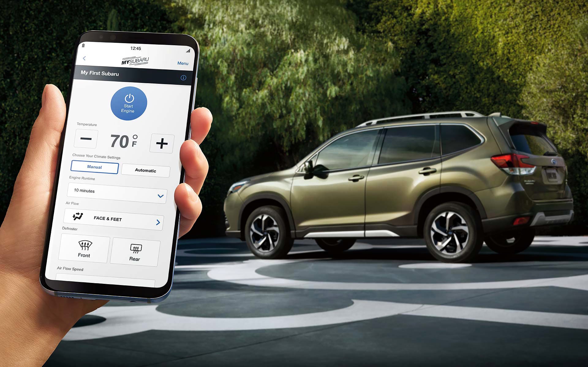 A close-up of a phone showing the Remote Engine Start with Climate Control feature of SUBARU STARLINK® Safety and Security available on the 2022 Forester. | Open Road Subaru in Union NJ